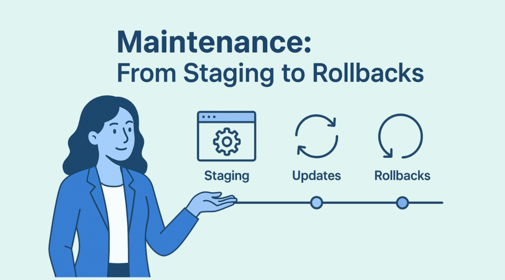An infographic titled "Maintenance: From Staging to Rollbacks" on a light blue background. On the left, an illustrated woman in a blue blazer gestures toward three sections: Staging (represented by a browser window with a gear icon), Updates (represented by a circular arrow icon), and Rollbacks (represented by a backward arrow icon). A horizontal line with circular markers connects the three sections at the bottom, giving a timeline effect.