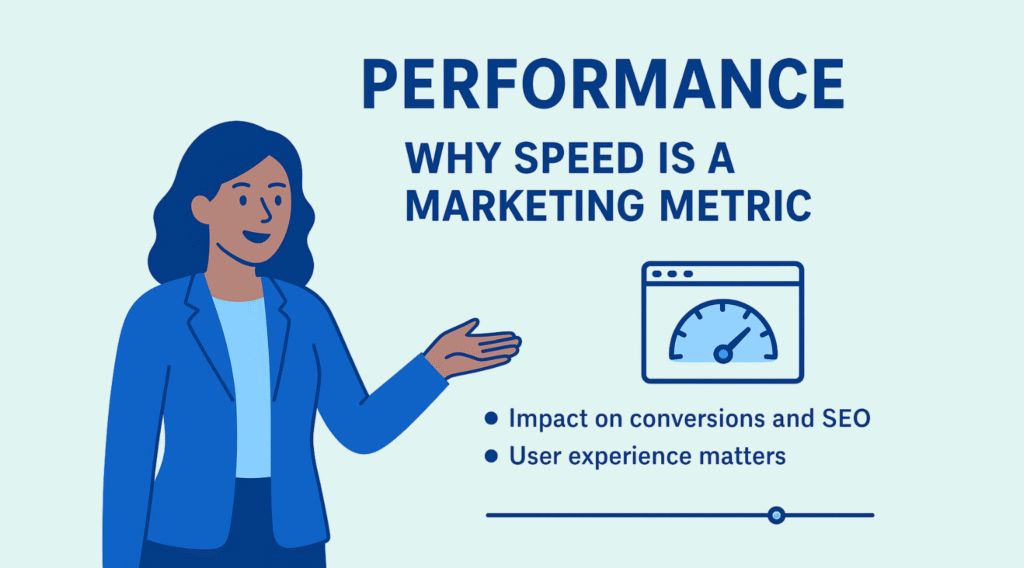 An infographic titled "Performance: Why Speed Is a Marketing Metric" on a light blue background. On the left, an illustrated woman in a blue blazer gestures toward the title. On the right, a speedometer icon appears inside a browser window. Two bullet points read: "Impact on conversions and SEO" and "User experience matters." A thin horizontal line with a small circular marker runs along the bottom.