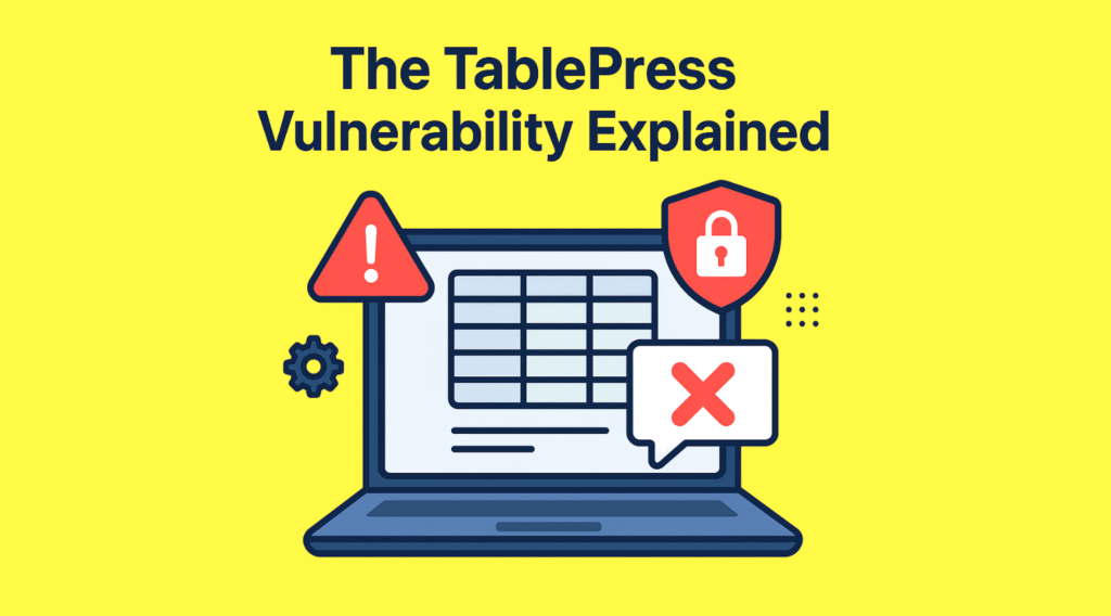 Modern flat-style illustration showing a laptop screen with warning icons, data tables, and security alerts to explain the TablePress WordPress plugin vulnerability